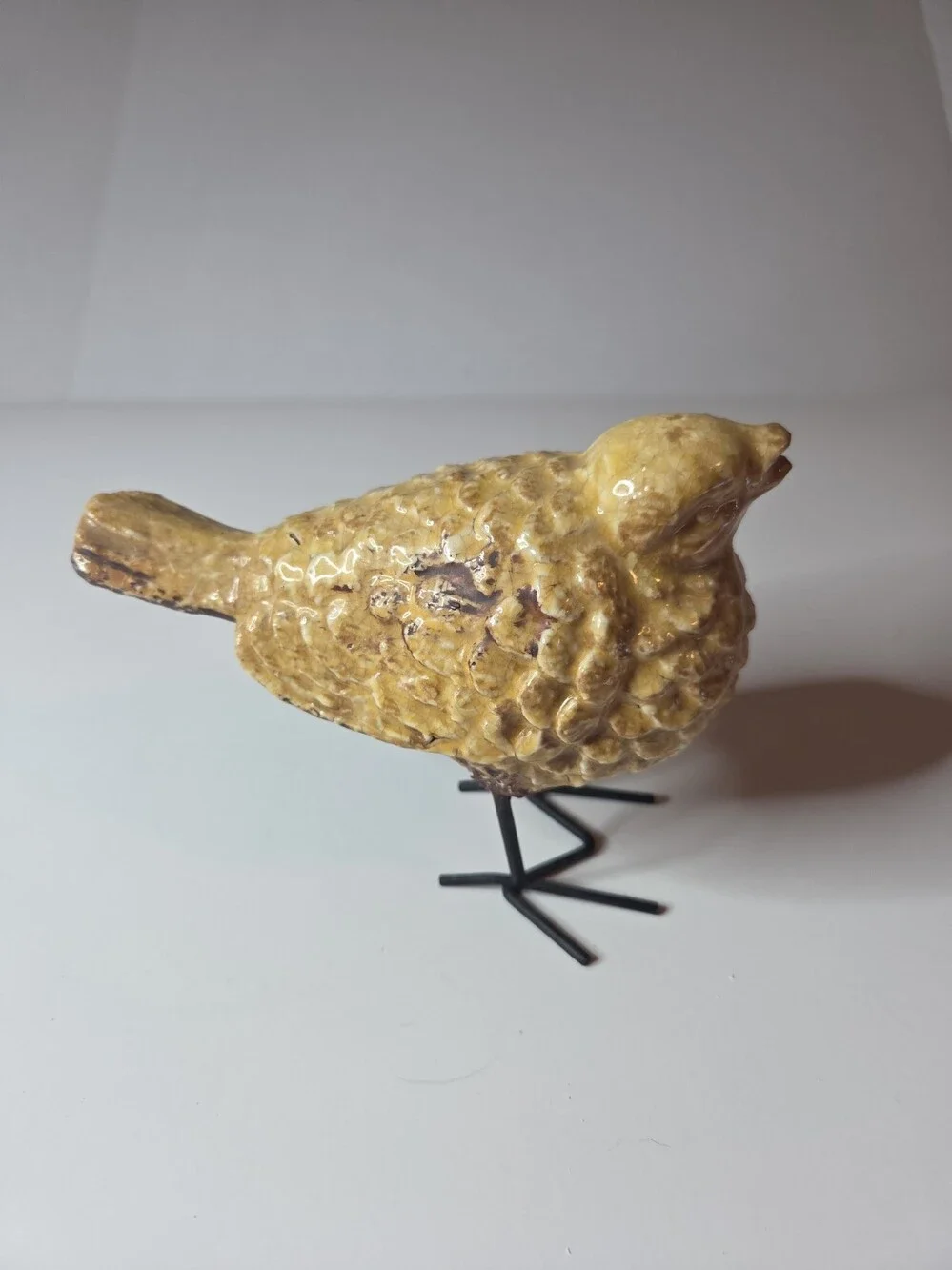 Vintage Primitive Ceramic Bird Figurine Yellow Glazed Textured Body w/wire Legs